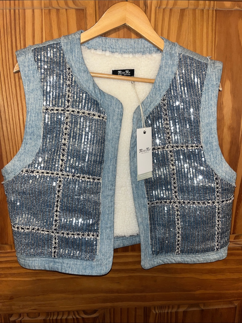 Miss Me Light Blue Sequin Jean  Vest